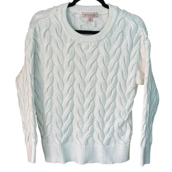 Philosophy Womens Cable Knit Fisherman Sweater Pullover Oarsman Preppy Ivory SP - Picture 2 of 8